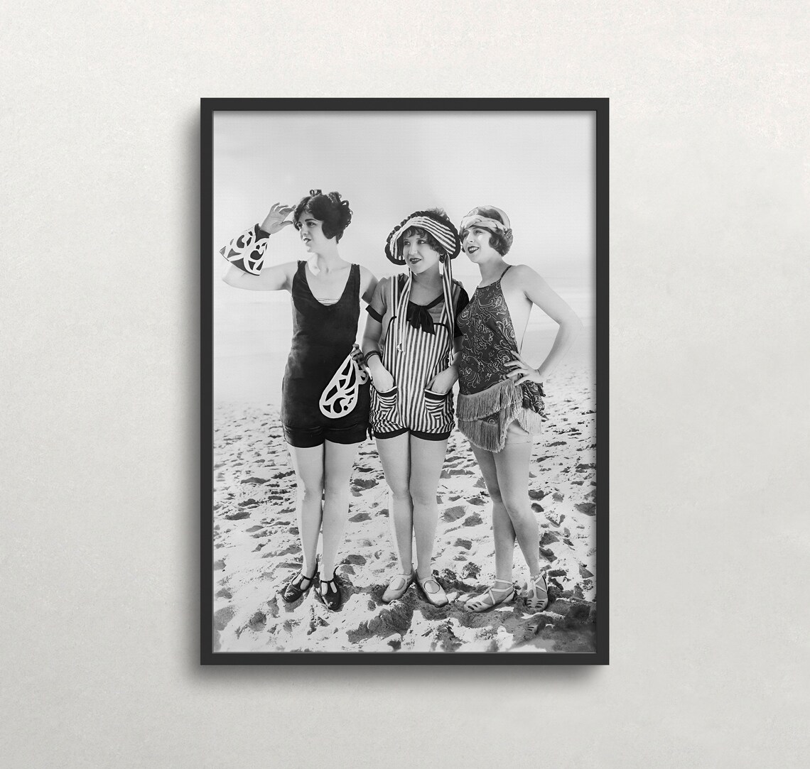 Women At Beach Vintage Black And White Art Print