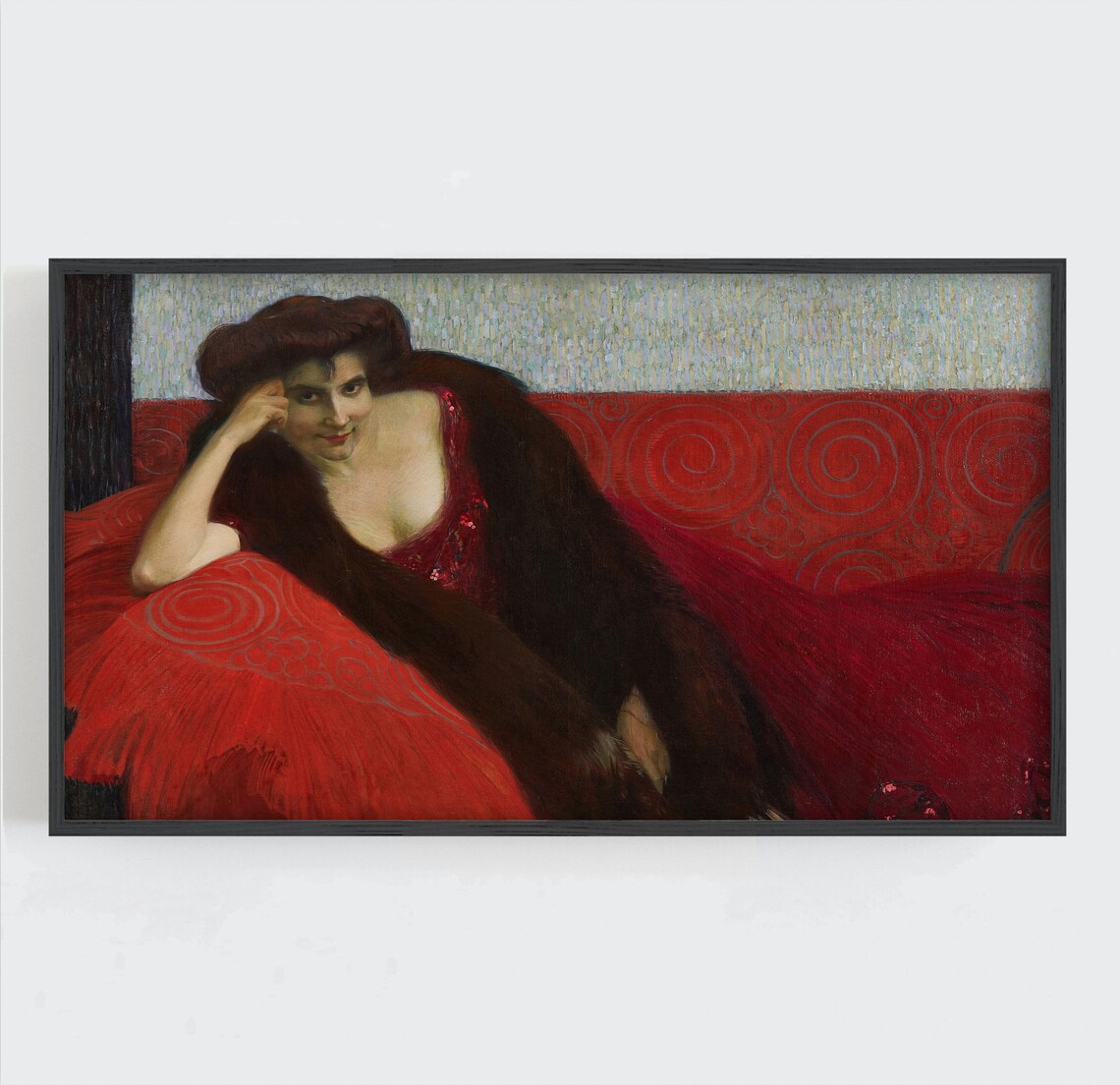 Woman in Red Dress Reclining on Red Couch Moody Vintage Painting Poster - Image 3