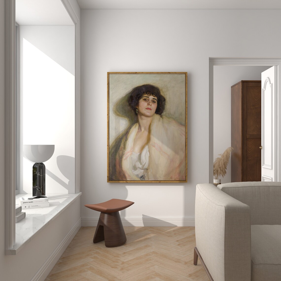 Woman Portrait with Dark Curls and White Shawl Muted Vintage Painting Poster - Image 4