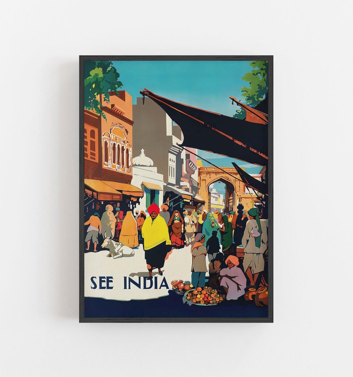 See India Vintage Travel Poster Bustling Bazaar Street Scene