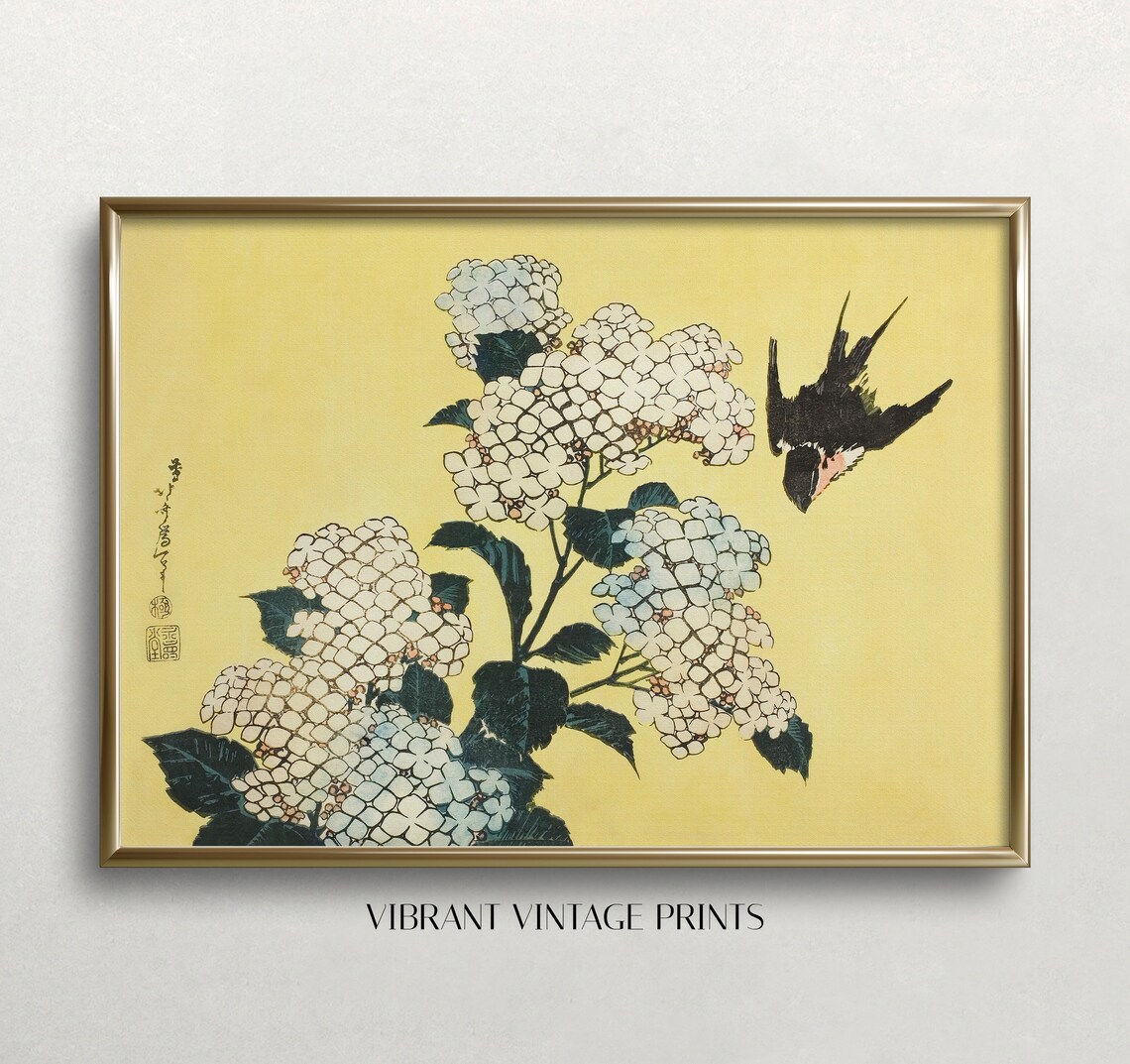 Hydrangea and Swallow, Vintage Japanese Woodblock Art Print