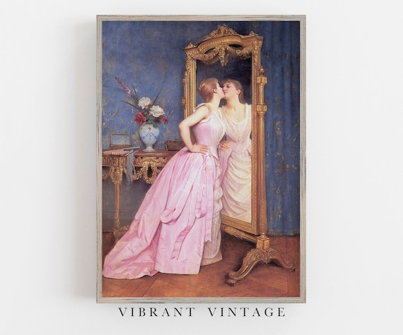 Woman Looking in Mirror Vintage Portrait Art Print