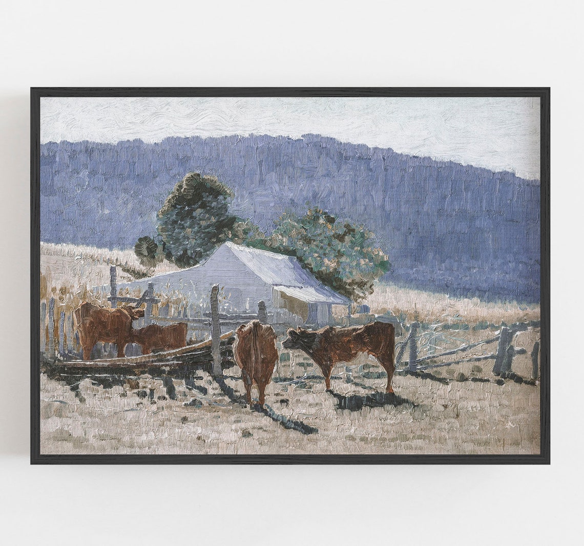 Cows in Pasture Vintage Muted Neutral Farm Oil Painting Wall Art - Image 2