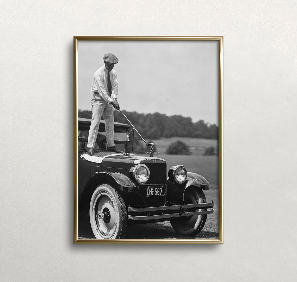 Golfer On Top Of Car, Vintage Black And White Art Print
