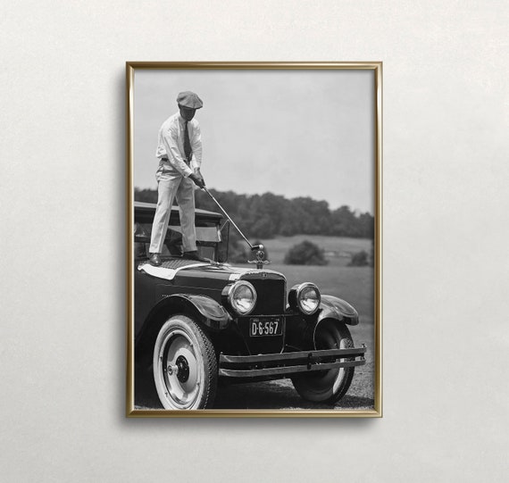 Golfer On Top Of Car, Vintage Black And White Art Print