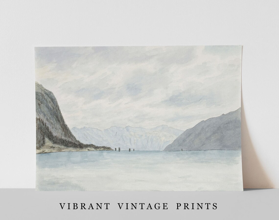 Muted Fjord Lake Mountain Watercolor Misty Grey Tones Landscape Print - Image 3