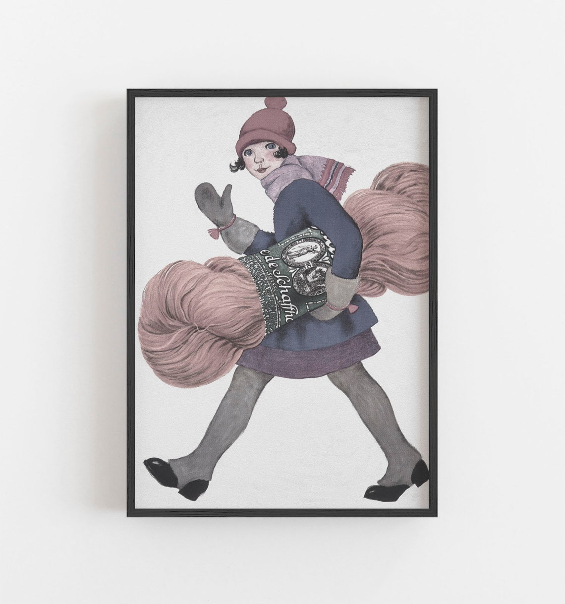 Vintage Girl Carrying Yarn Bundles Knitting Craft Retro Style Poster - Image 3