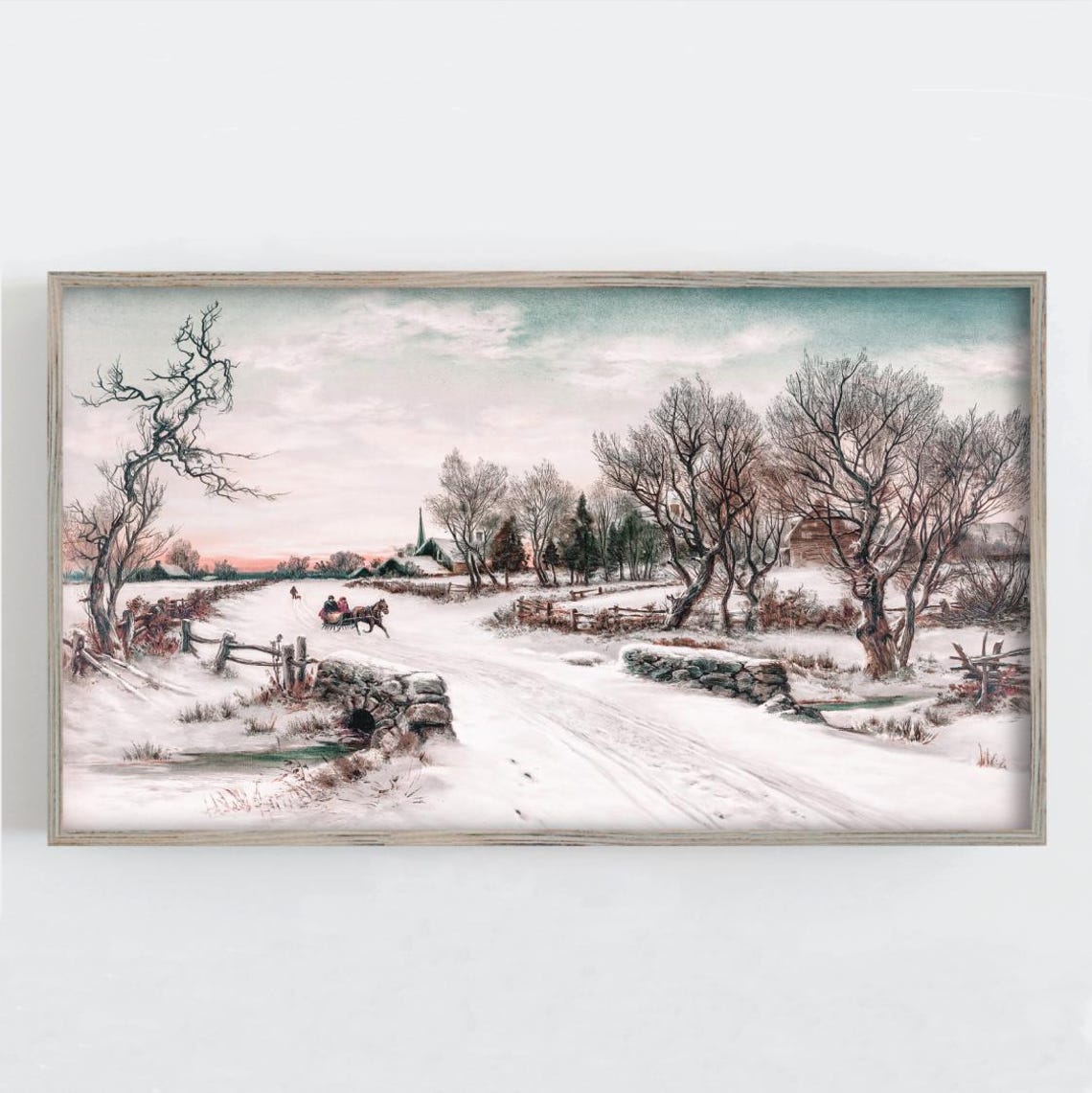 Victorian Winter Landscape Snowy Village Sleigh Ride Sunset Wall Art