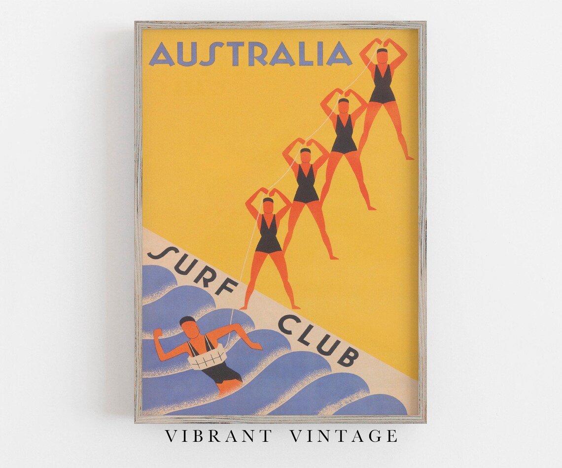 Australia Surf Club, Vintage Retro Beach Travel Poster