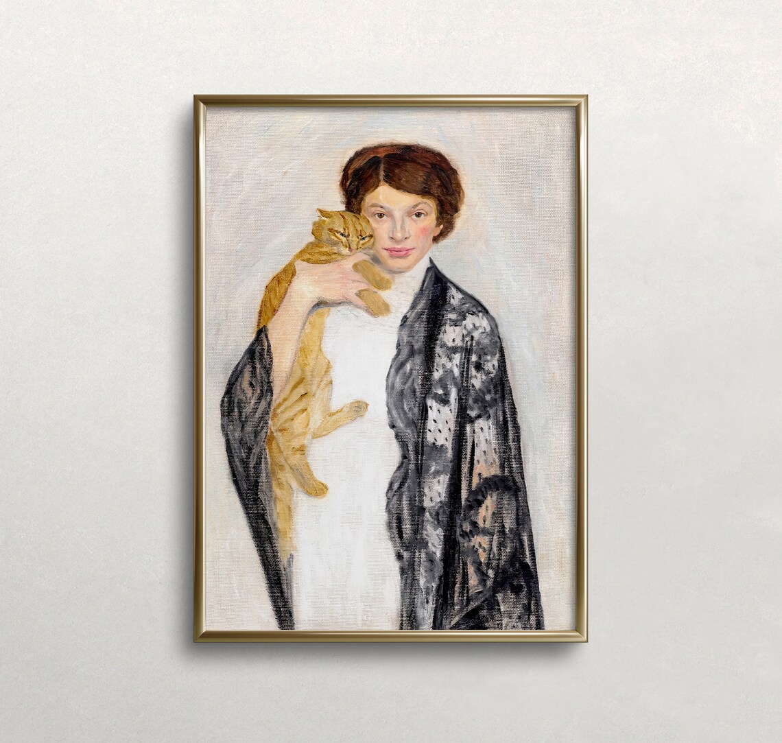 Woman And Cat Vintage Portrait, Antique Wall Art