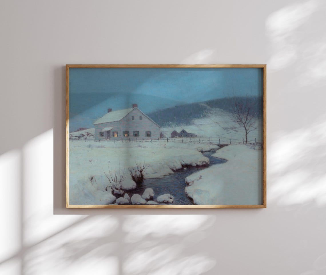 Snow Covered Farmhouse Winter Landscape Stream Vintage Oil Poster