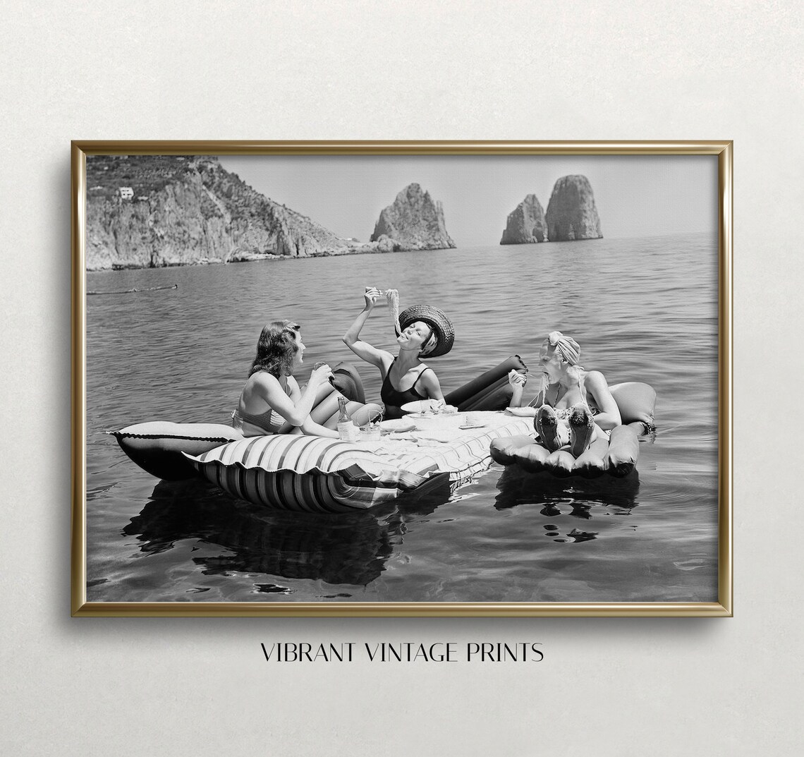 Women Eating Pasta On Lake, Vintage Wall Art