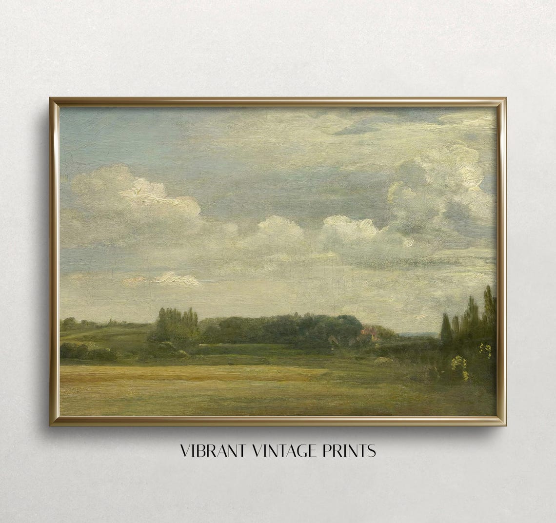 Muted Vintage Cloud Landscape Over Green Fields Oil Painting Poster