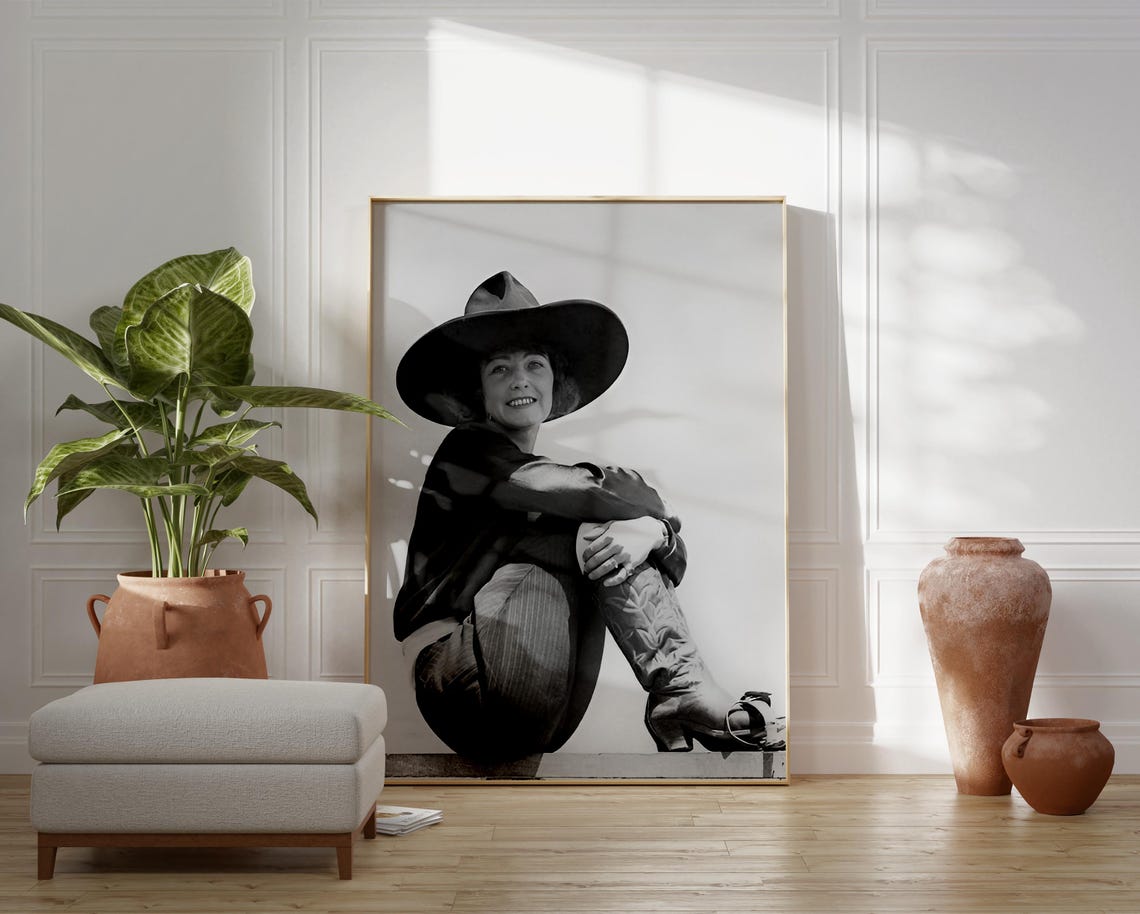 Smiling Cowgirl In Big Hat Crouching Vintage Black White Photo Poster