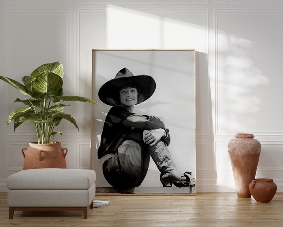 Smiling Cowgirl In Big Hat Crouching Vintage Black White Photo Poster