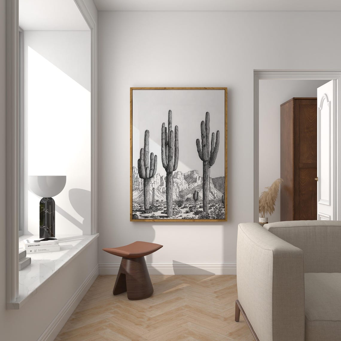 Saguaro Cactus Trio Desert Mountain Line Art Minimalist Poster