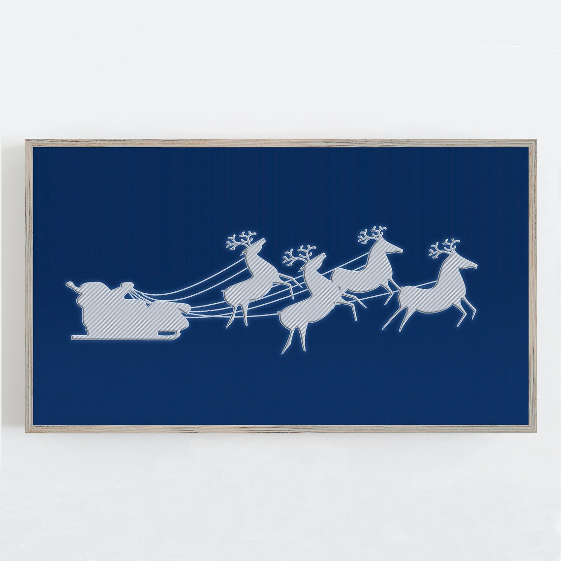 Santa Sleigh Reindeer White Silhouette Navy Christmas Wall Art - Image 2
