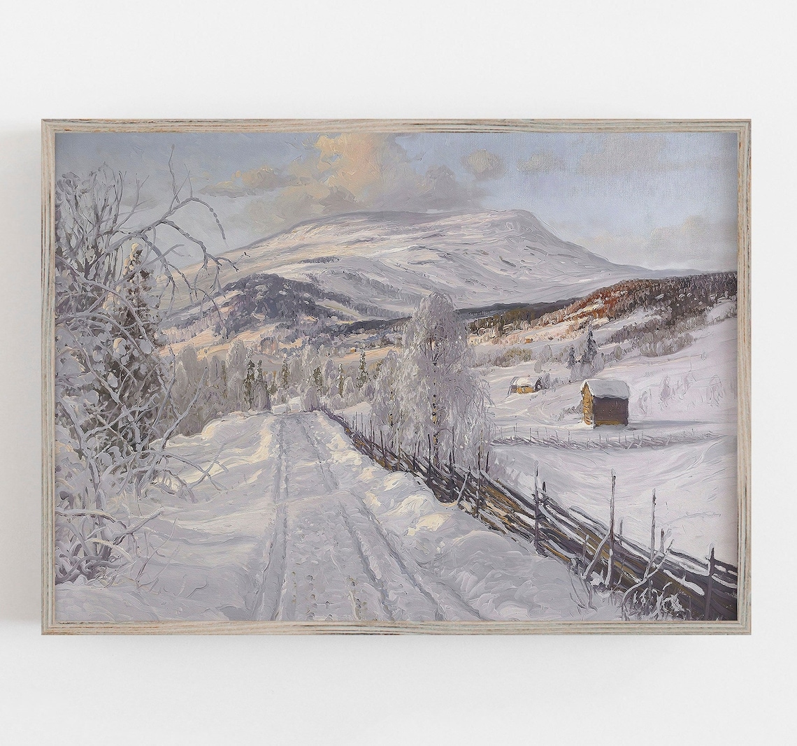 Snowy Mountain Road Wooden Fence Cabin Vintage Winter Landscape Poster