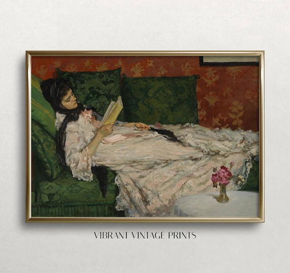 Woman Reading Book On Green Velvet Sofa Vintage Painting Art Print