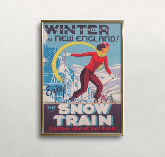 New England Vintage Ski Poster, Winter Wall Art Print