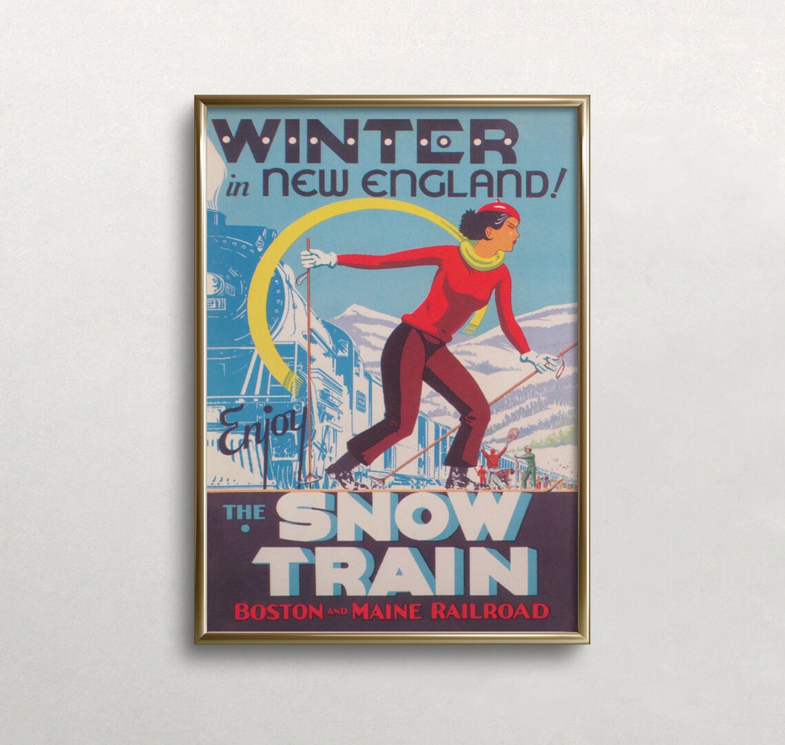 New England Vintage Ski Poster, Winter Wall Art Print