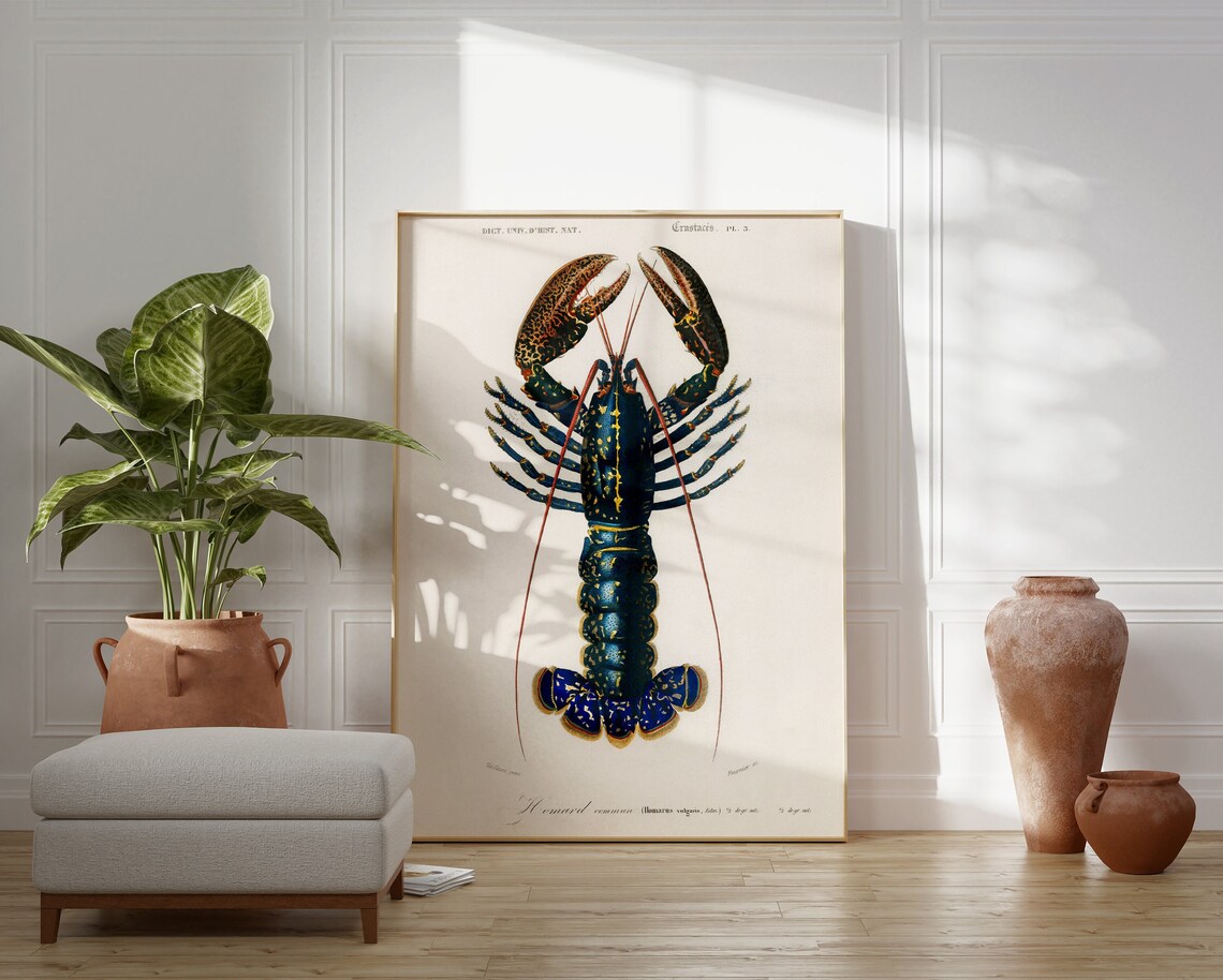 Lobster Vintage Art Print, Dark Moody Sea Life Decor