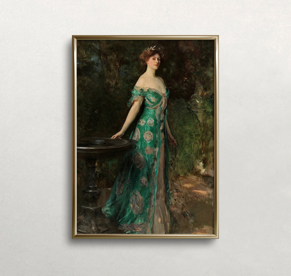 Lady Emerald Green Gown Garden Fountain Classical Portrait Art Print