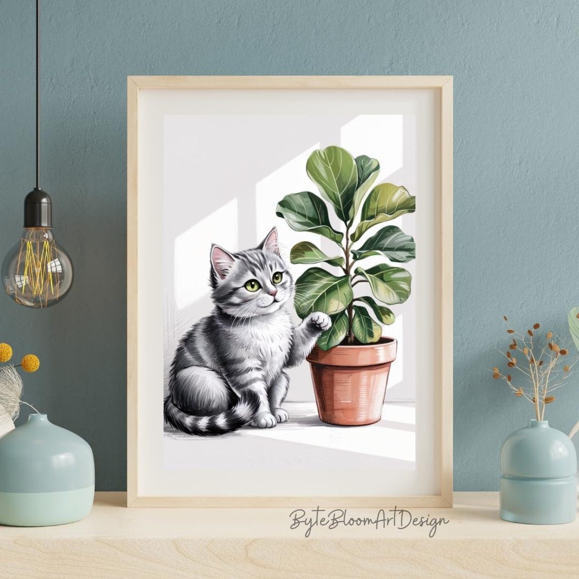 Gray Tabby Kitten With Fiddle Leaf Fig Watercolor Cat Art Poster