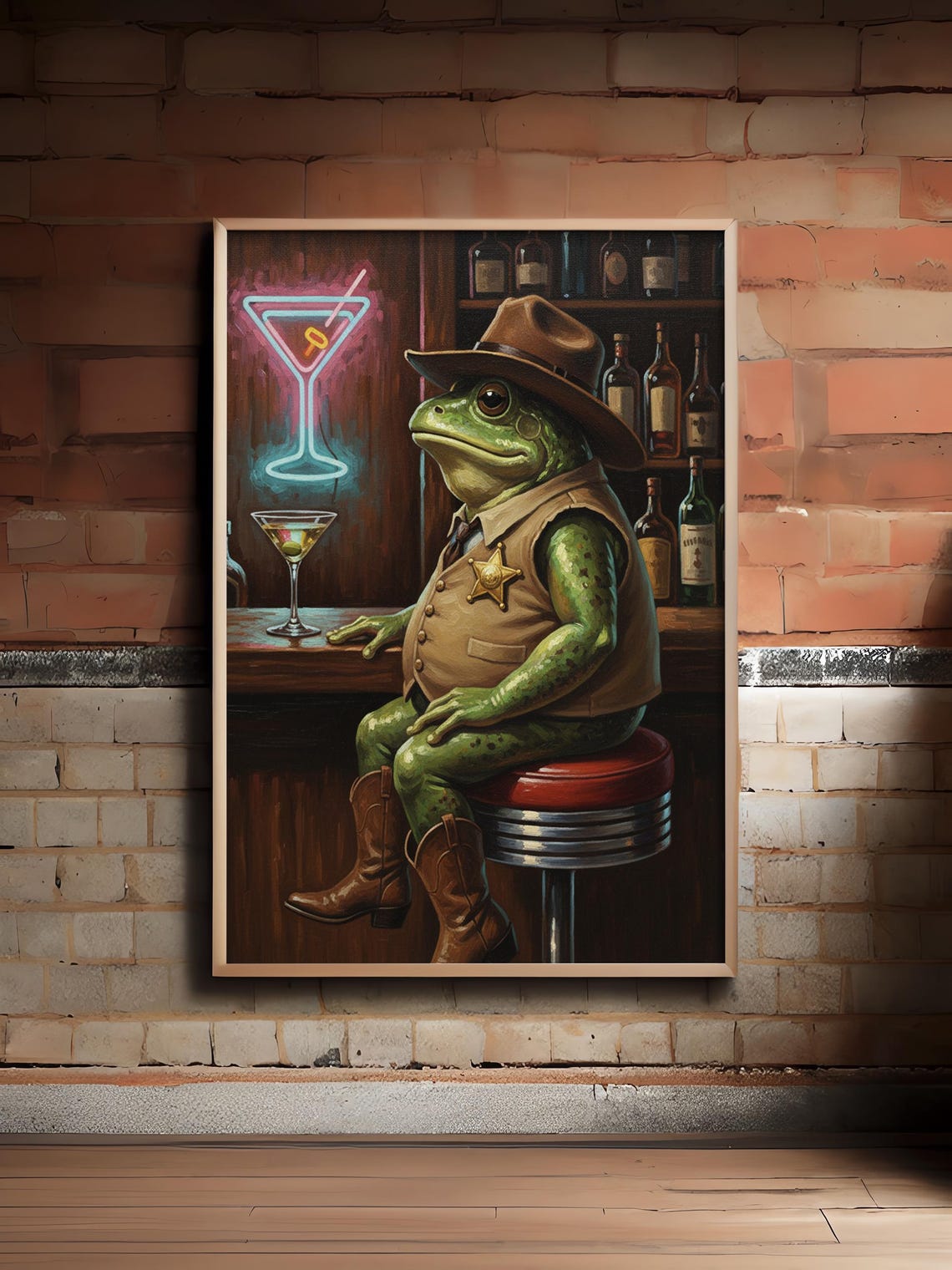 Sheriff Frog Cowboy Bar Martini Neon Sign Funny Animal Oil Wall Poster