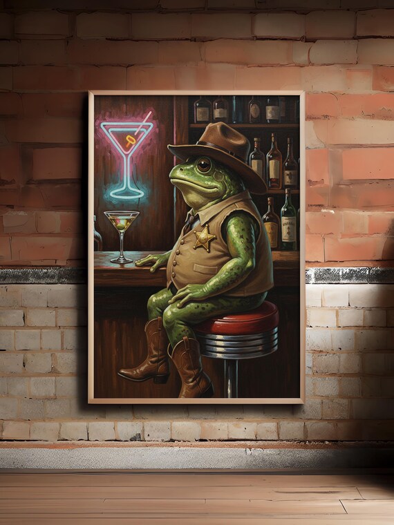 Retro Frog Oil Painting Print Whimsical Bar Cart Decor Funny Cocktail Animal Art Eclectic Vintage Wall