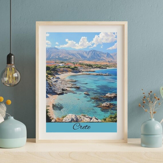 Crete Greece Turquoise Beach Poster Rocky Cove Mountains View Art