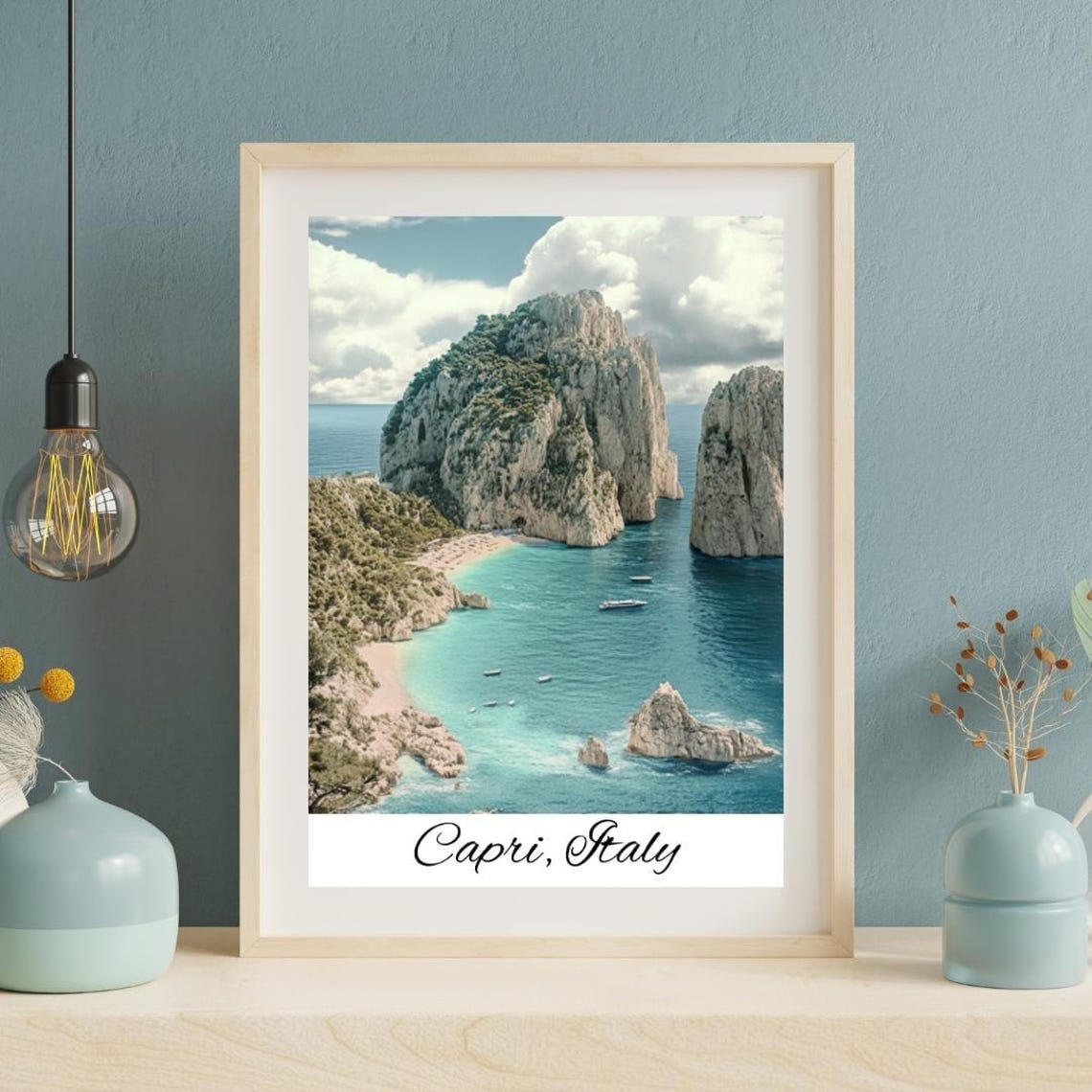 Capri Italy Faraglioni Cliffs Turquoise Bay Coastal Travel Poster