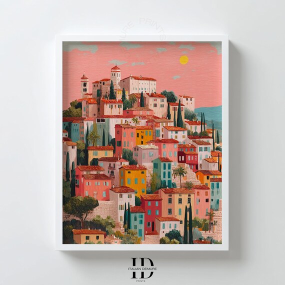 Colorful Italian Village Wall Art Vibrant Mediterranean Print Sunset Cityscape Illustration For Home Decor