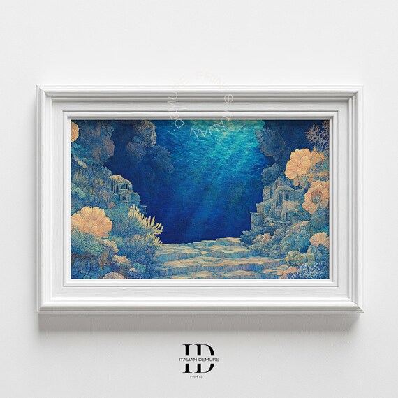 Lost Underwater City Print Mystical Deep Sea Ruins Wall Art Enchanted Ocean Landscape Painting For Home Office Decor