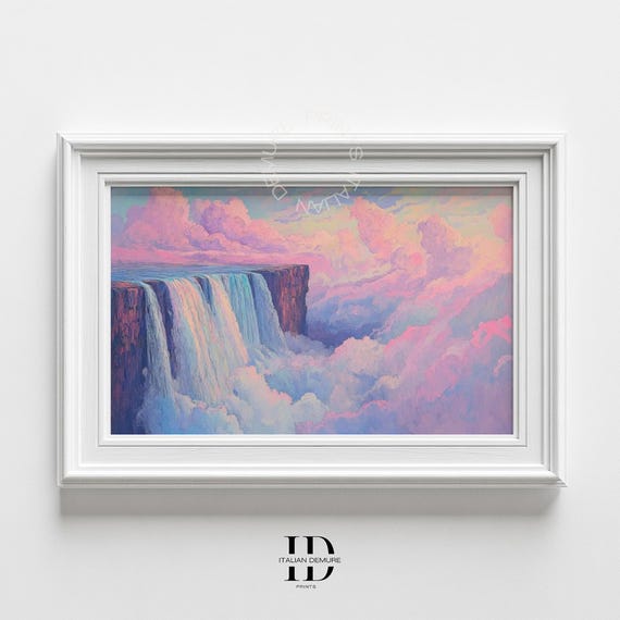 Dreamy Cloud Waterfall Surreal Fantasy Landscape Print Pastel Sky Painting Ethereal Nature Wall Art Mystical Decor