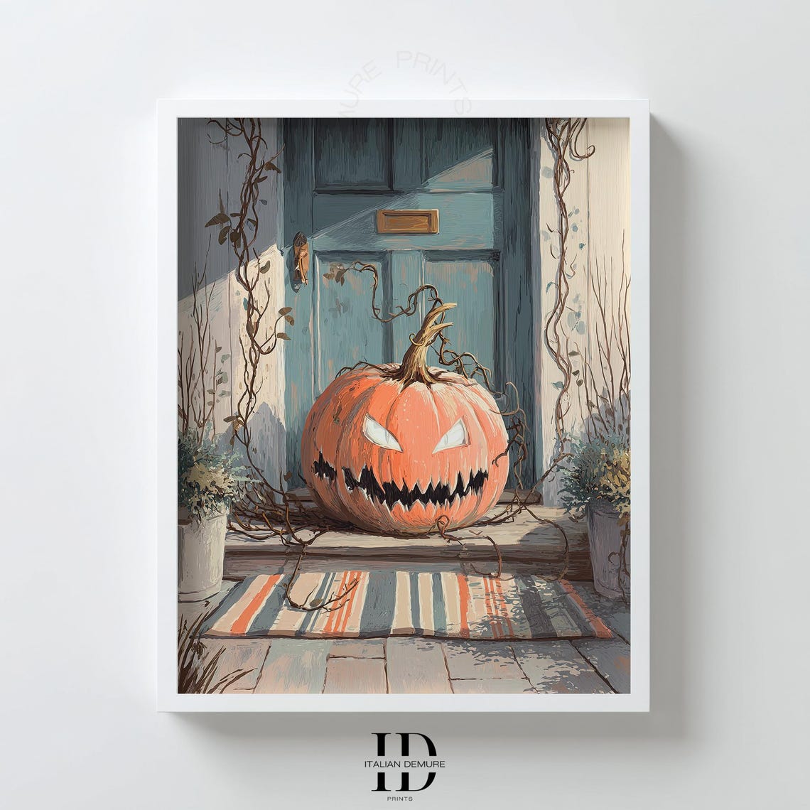 Grinning Jack O Lantern Pumpkin Teal Doorstep Halloween Art Print