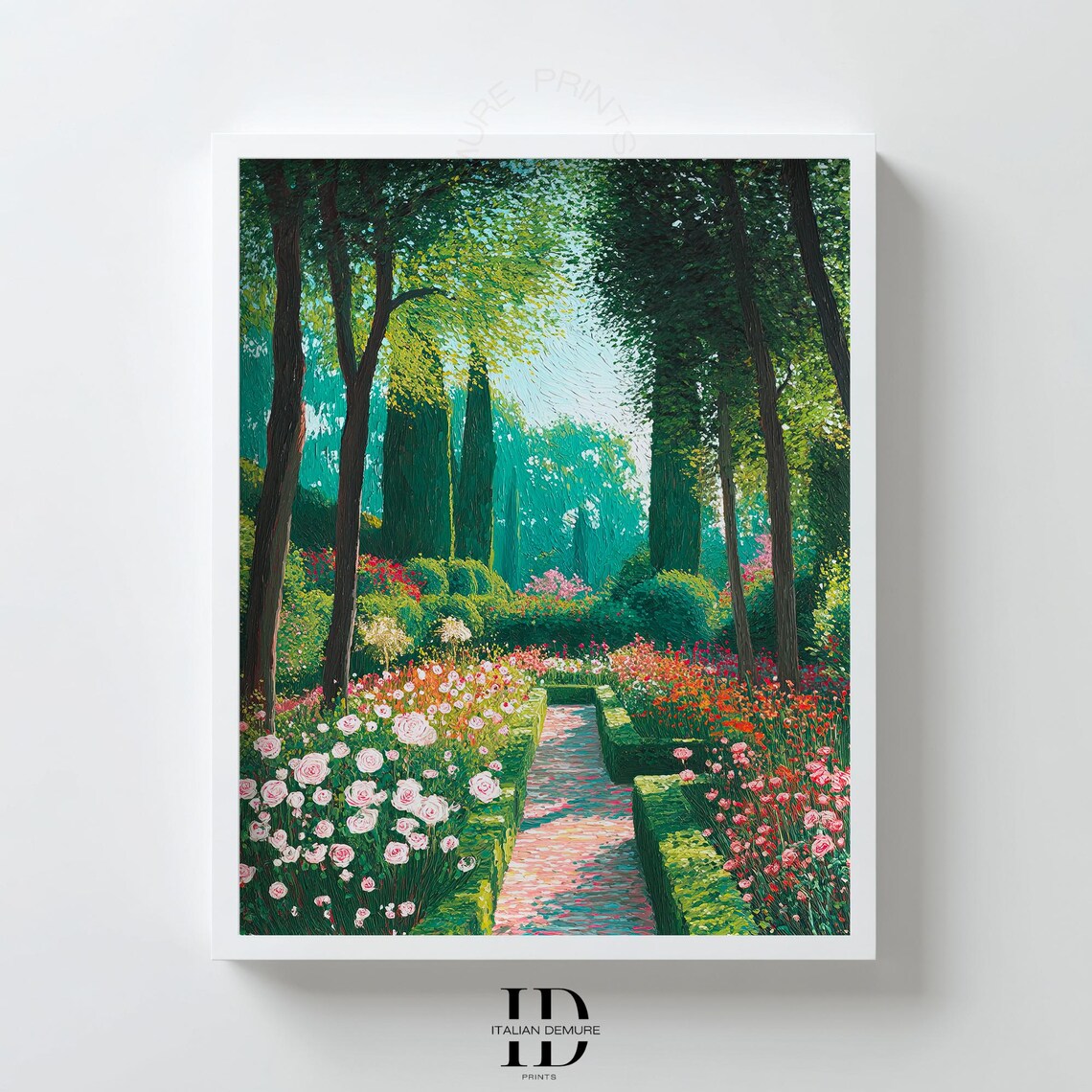 Romantic Garden Wall Art Impressionist Floral Path Print Pink Rose Poster Botanical Landscape Decor