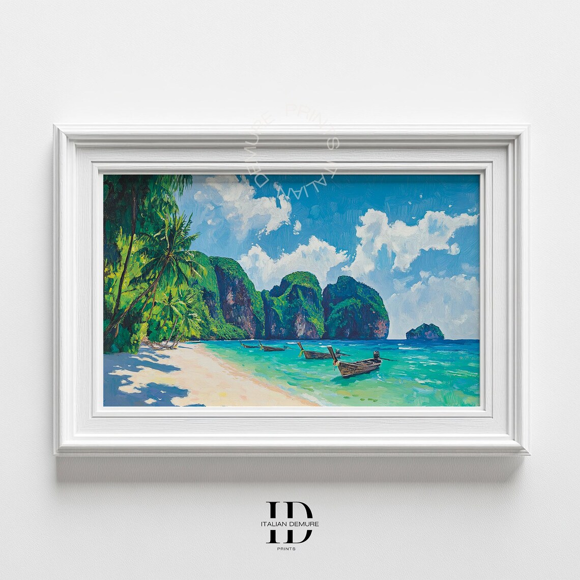 Tropical Thailand Beach Longtail Boats Limestone Cliffs Art Poster