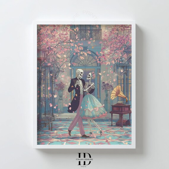Skeleton Couple Dancing Print Romantic Gothic Wall Art Pastel Vintage Ballroom Poster Cherry Blossom Decor Gramophone