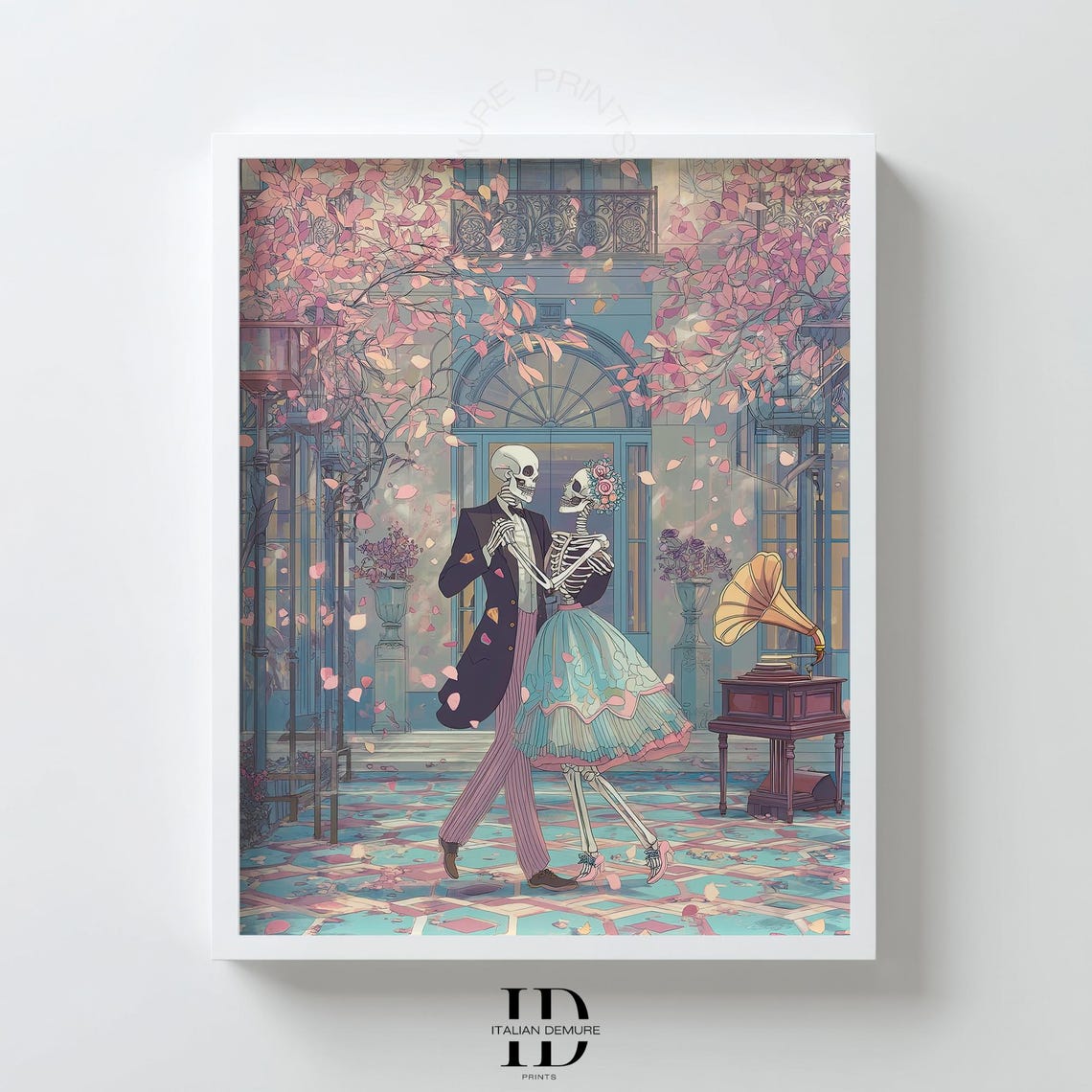 Dancing Skeleton Couple Romantic Gothic Ballroom Gramophone Poster