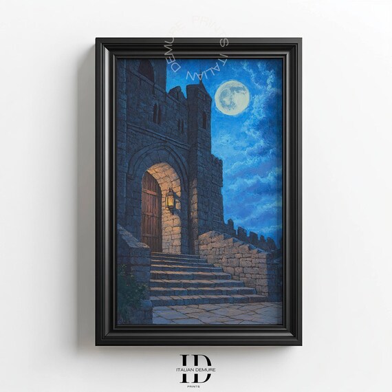 Enchanted Castle Night Art Medieval Fantasy Painting Mystical Moonlit Fortress Print Gothic Wall Decor