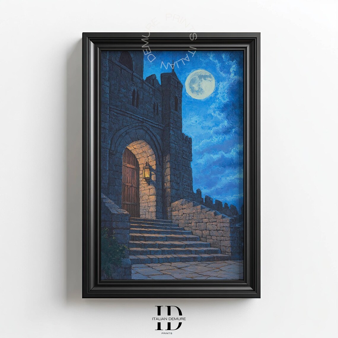 Moonlit Stone Castle Doorway Under Full Moon Dark Academia Gothic Oil Poster