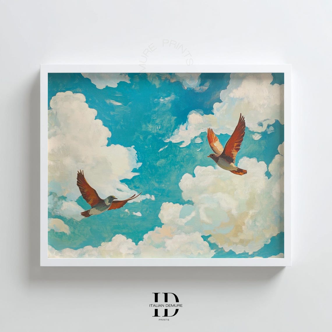 Two Birds Flying White Clouds Turquoise Sky Whimsical Art Poster