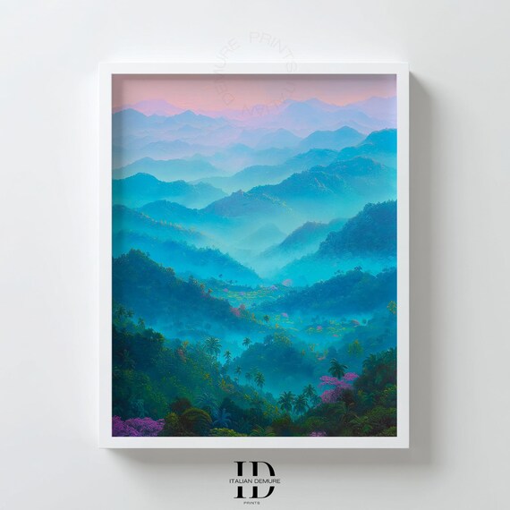 Tropical Mountain Misty Jungle Peaks Pink Sunrise Blue Green Poster