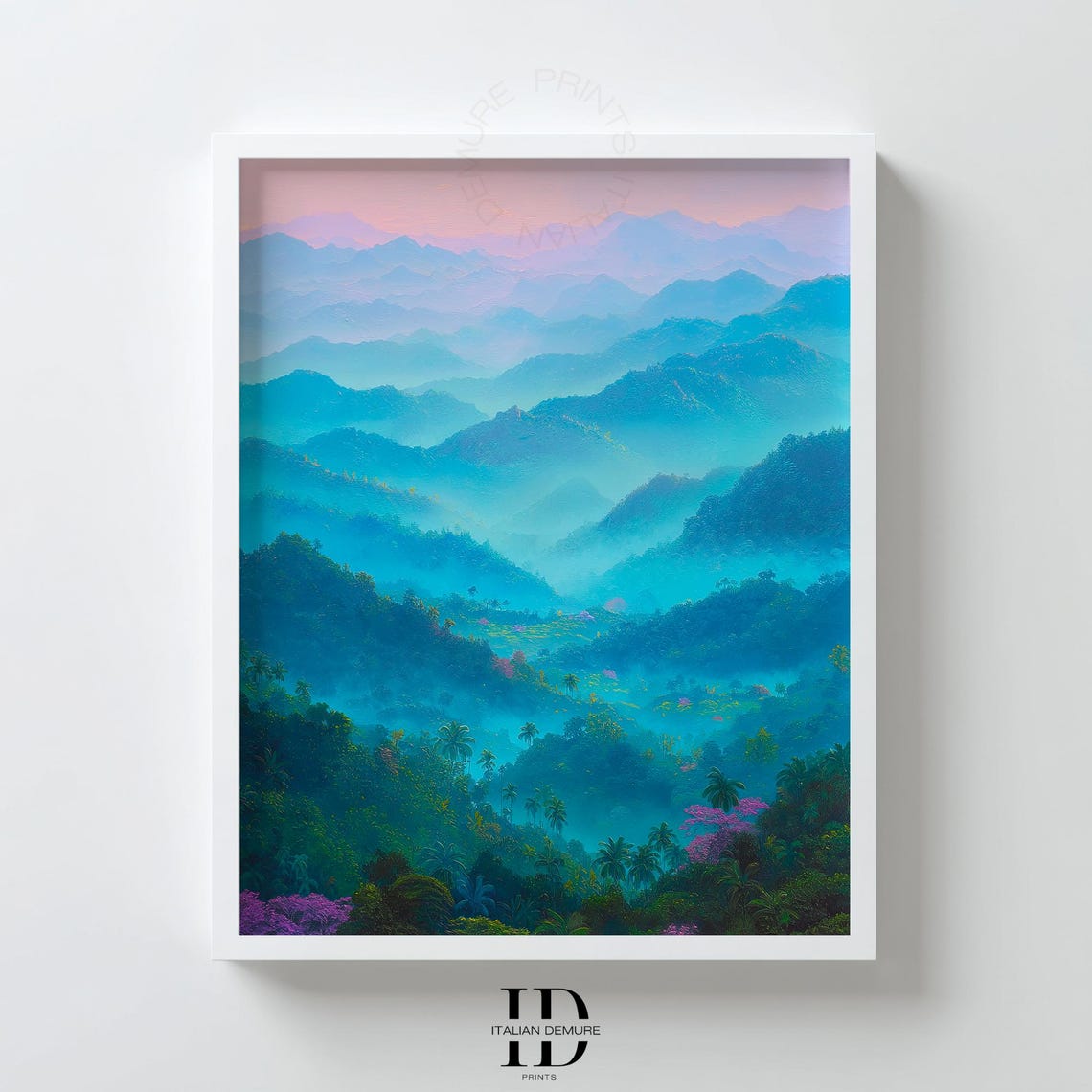 Tropical Mountain Misty Jungle Peaks Pink Sunrise Blue Green Poster