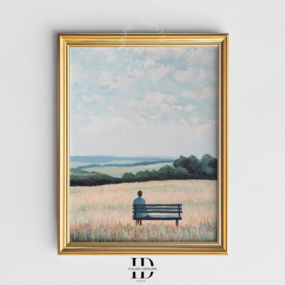 Man On Bench In Meadow Landscape Peaceful Nature Wall Art Serene Countryside View Sky Field Painting