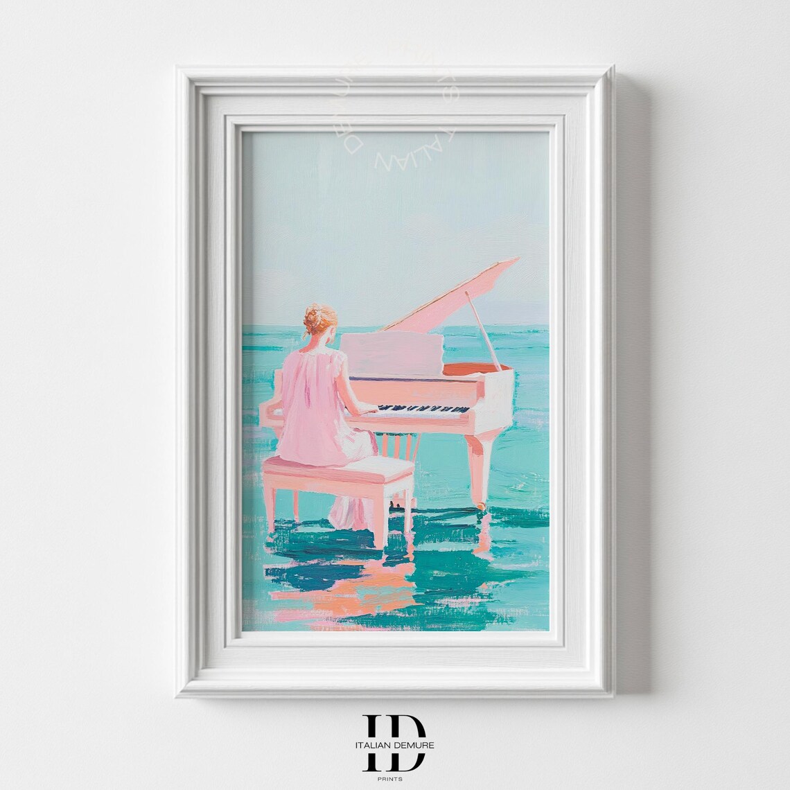 Elegant Woman Playing Piano By The Sea Pastel Dreamy Music Poster