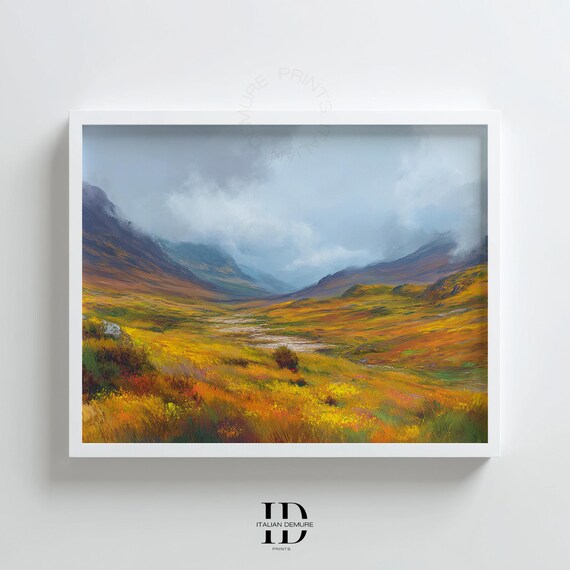 Highland Landscape Wall Art Scottish Mountain Valley Print Autumn Nature Scene Painting Colorful Field Decor
