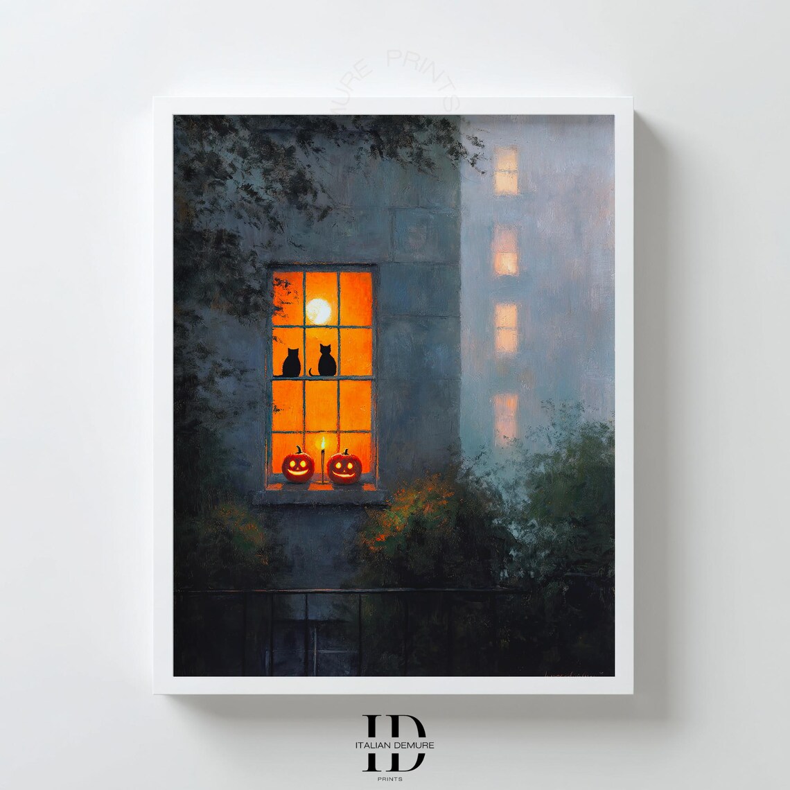 Halloween Window Wall Art Pumpkin Jack O Lantern Print Black Cat Silhouette Moody Night Cityscape Cozy Fall Decor