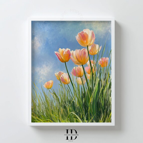 Pastel Tulip Field Wall Art Spring Floral Print Bright Garden Flower Painting Impressionist Botanical Poster Decor